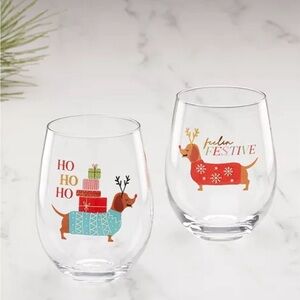 NWT Cambridge Holiday Dachshund Stemless Wine Glasses - Set of 2